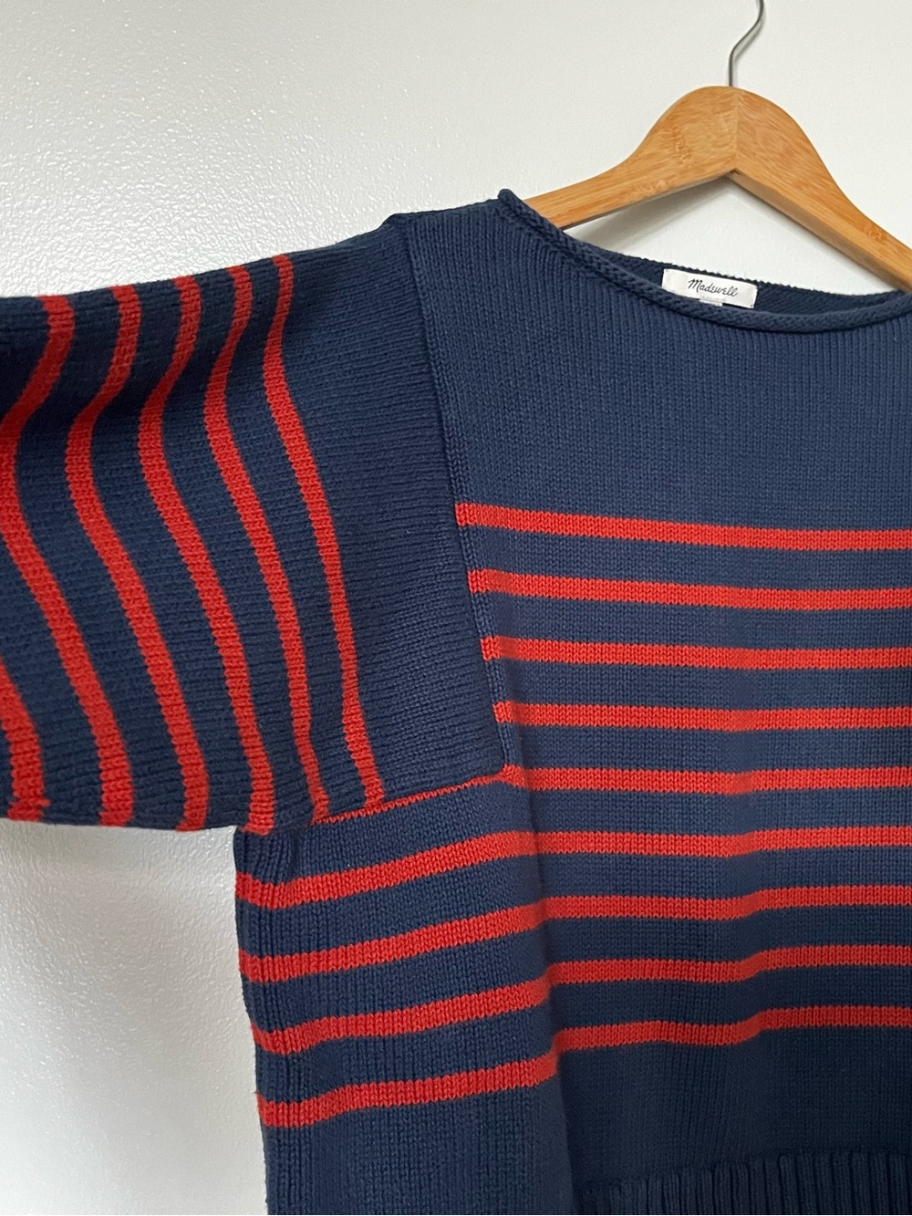 Madewell Cotton Nautical Roll Neck Navy and Dark Red Long Sleeve Cropped.